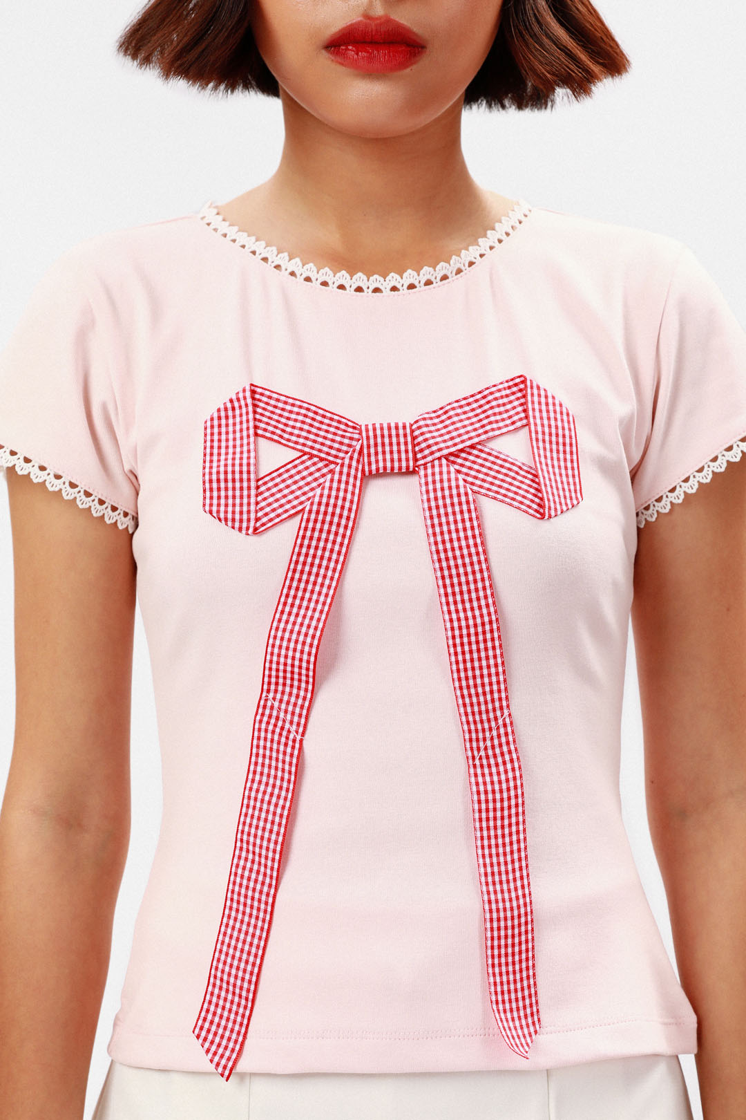 Tシャツ・カットソー RONRON LACE LINE RIBBON SLEEVELESS SOFT PINK RR24BSL3267SP T-Shirt With Ribbon Embellishment | TEN11
